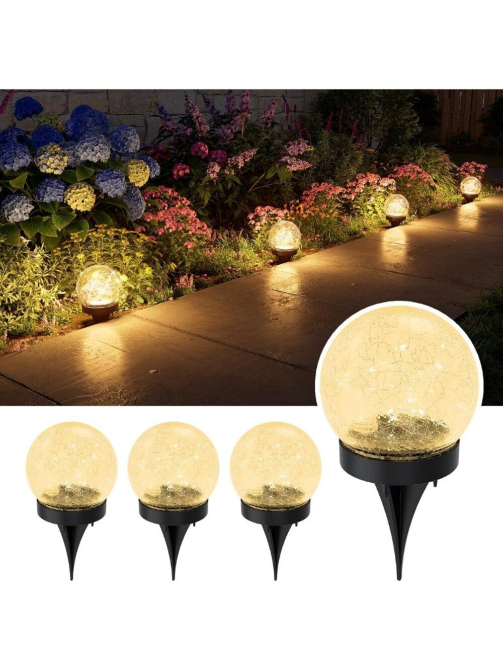 4 Pack Solar Cracked Glass Globe LED Lights - Waterproof Outdoor Table Lamps for